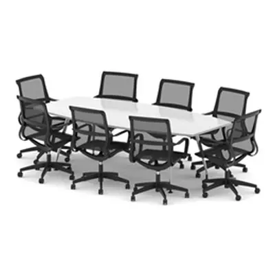 High Gloss 2400mm Writable Boardroom Table White + 8 Mesh Chairs