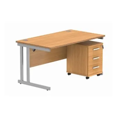 Double Upright Rect Desk + 3 Drawer Mobile Ped 1400X800 Beech/Silver