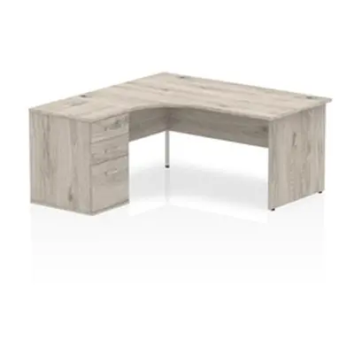 Impulse 1600 Left Crescent Desk Grey Oak Top Panel Leg + Desk High Ped