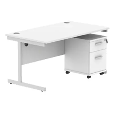 Single Upright Rect Desk + 2 Drawer Mobile Ped 1400X800 White/Silver