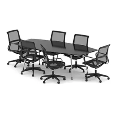 High Gloss 2400mm Writable Boardroom Table Black + 6 Mesh Chairs