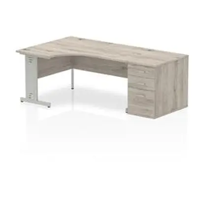 Impulse 1600mm Left Crescent Desk Grey Oak White Leg + Desk High Ped