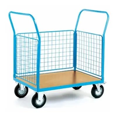 3 Mesh Sides Platform Truck; 1300 x 700 x 1050; 500kg; Blue/Veneer