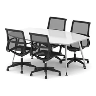 High Gloss 1800mm Writable Boardroom Table White + 4 Mesh Chairs