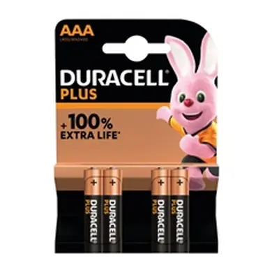 Duracell Plus AAA Battery Alkaline 100% Extra Life (Pack of 4) 5009378