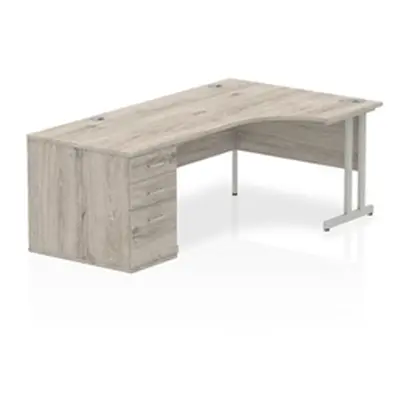 Impulse 1600mm Right Crescent Desk Grey Oak Silver Leg + Desk High Ped