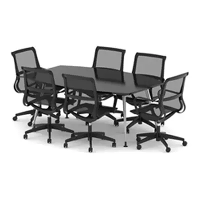 High Gloss 1800mm Writable Boardroom Table Black + 6 Mesh Chairs