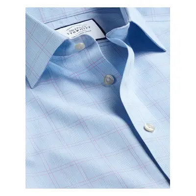 Men's Non-Iron Prince Of Wales Checkered Cotton Formal Shirt - Light Blue Single Cuff, by Charle