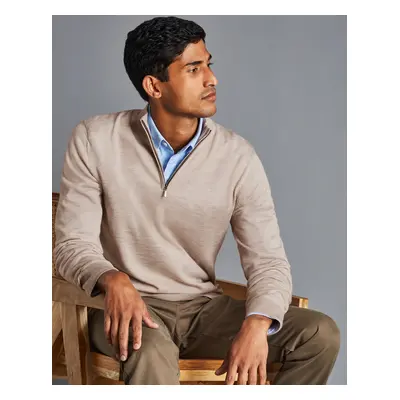 Men's Merino Zip Neck Wool Jumper - LimeStone Beige, by Charles Tyrwhitt