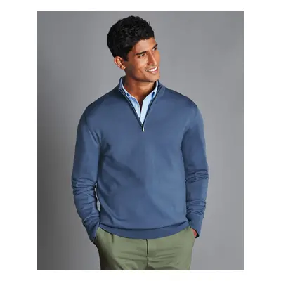 Men's Merino Zip Neck Wool Jumper - Steel Blue, by Charles Tyrwhitt