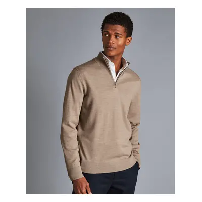 Men's Merino Zip Neck Jumper - Oatmeal, by Charles Tyrwhitt