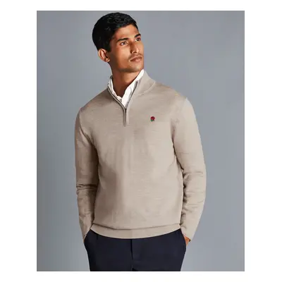 Men's England Rugby Merino Zip Neck Wool Jumper - LimeStone Beige, by Charles Tyrwhitt