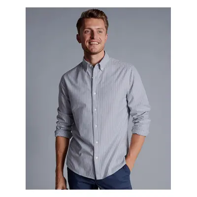 Men's Button-Down Collar Washed Oxford Butchers Stripe Cotton Shirt - Steel Blue Single Cuff, by