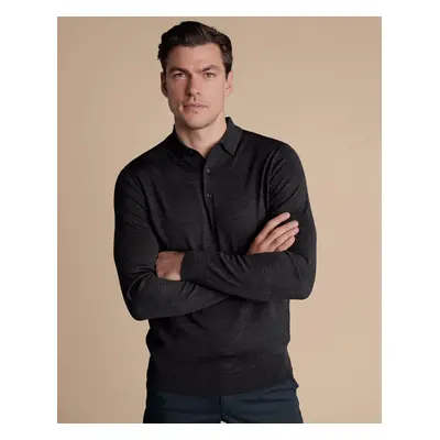 Men's Merino Polo Jumper - Charcoal Black Grey, by Charles Tyrwhitt