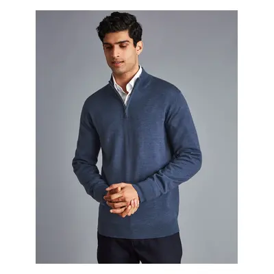 Men's Merino Zip Neck Jumper - Indigo Blue Melange, by Charles Tyrwhitt