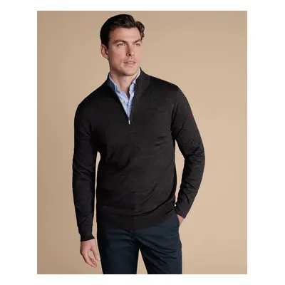 Men's Merino Zip Neck Jumper - Charcoal Black Grey, by Charles Tyrwhitt