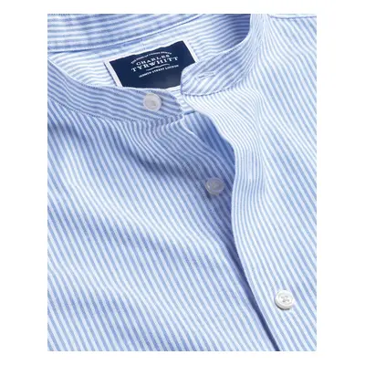 Men's Collarless Stretch Washed Oxford Stripe Cotton Shirt - Ocean Blue Single Cuff, by Charles 