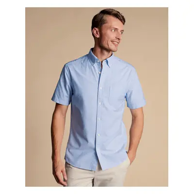 Men's Washed Oxford Stripe Short Sleeve Cotton Shirt - Blue Single Cuff, by Charles Tyrwhitt