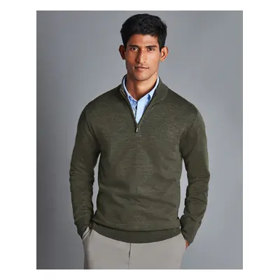 Men's Merino Zip Neck Wool Jumper - Olive Green Melange, by Charles Tyrwhitt