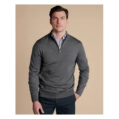 Men's Merino Zip Neck Wool Jumper - Grey, by Charles Tyrwhitt