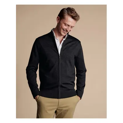 Men's Pure Merino Full Zip-Through Wool Cardigan - Charcoal Black Grey, by Charles Tyrwhitt