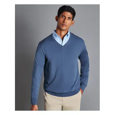 Men's Merino V-Neck Wool Jumper - Steel Blue, by Charles Tyrwhitt