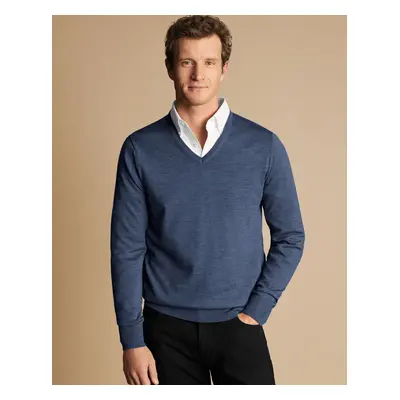 Men's Merino V-Neck Jumper - Indigo Blue Melange, by Charles Tyrwhitt