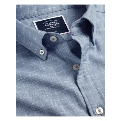 Men's Button-Down Collar Non-Iron Twill Windowpane Checkered Cotton Shirt - Steel Blue Single Cu