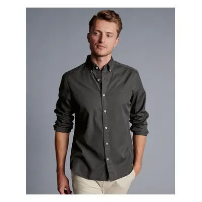 Men's Button-Down Collar Washed Fine Twill Cotton Shirt - Charcoal Black Grey Single Cuff, by Ch