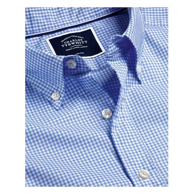 Men's Button-Down Collar Non-Iron Stretch Poplin Mini Gingham Cotton Shirt - Ocean Blue Single C