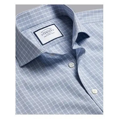 Men's Cutaway Collar Non-Iron Fine Checkered Cotton Formal Shirt - Petrol Blue Single Cuff, by C