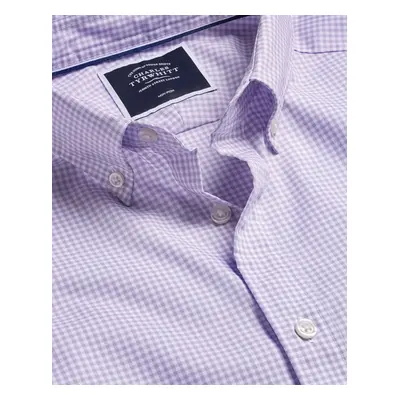 Men's Button-Down Collar Non-Iron Stretch Mini Gingham Checkered Cotton Shirt - Lilac Single Cuf