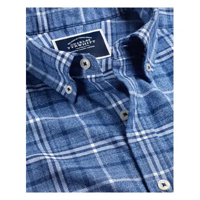 Men's Button-Down Collar Non-Iron Twill Large Checkered Cotton Shirt - Indigo Blue Single Cuff, 