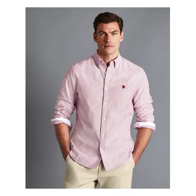 Men's England Rugby Button-Down Collar Washed Oxford Stripe Cotton Shirt - Wine Red Single Cuff,