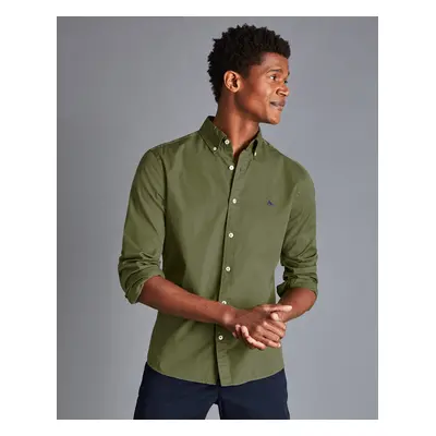 Men's Button-Down Collar Washed Fine Twill Cotton Shirt - Olive Green Single Cuff, by Charles Ty