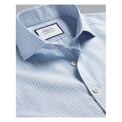 Men's Cutaway Collar Non-Iron Poplin Fine Checkered Cotton Formal Shirt - Sky Blue Single Cuff, 