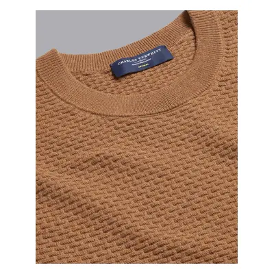 Men's Cotton Merino Textured Crew Neck Jumper - Camel Brown, by Charles Tyrwhitt