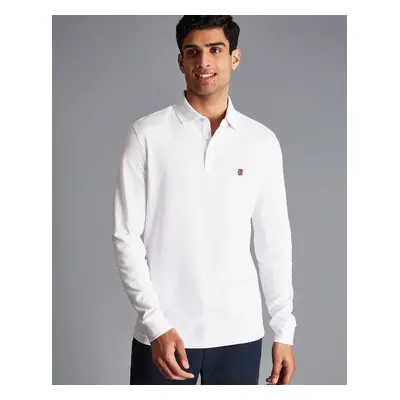 Men's Long Sleeve England Rugby Pique Cotton Polo - White, by Charles Tyrwhitt