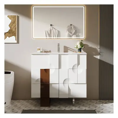 900mm Freestanding Bathroom Vanity with Ceramics Undermount Basin in White & Walnut