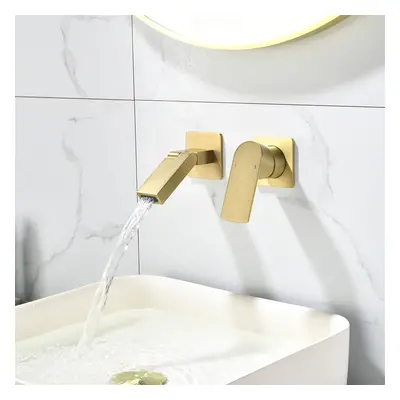 Brushed Gold Waterfall Bathroom Basin Tap with Swirling Spout Wall-Mounted Solid Brass