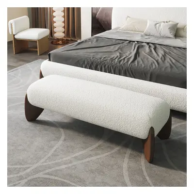 Modern White Boucle Bedroom Bench Upholstered Long Bench with Wood Legs