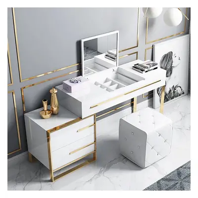 White Makeup Vanity with Storage & Flip Top Mirror 4 Drawers & Golden Base