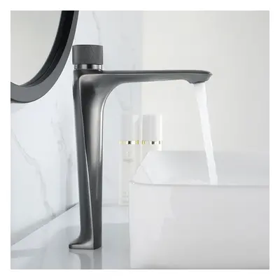 Gunmetal Grey Modern Bathroom Monobloc Tap Tall Basin Mixer Tap with Press Button