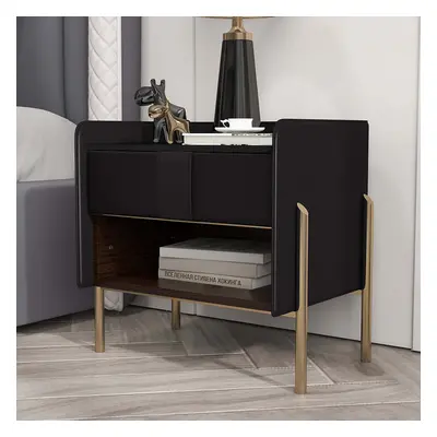 Modern Black Nightstand Sintered Stone Top Bedside Table with Charger & Light