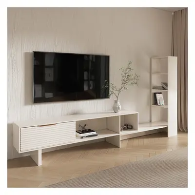 Modern White Retracted & Extendable TV Stand Wood Entertainment Centre with Bookshelves