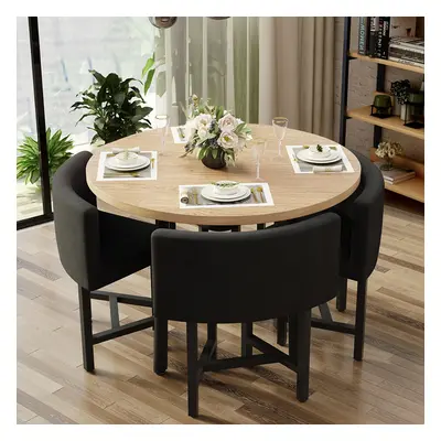 Dining Table Set 39.4" Round Wood Dining Table & 4 Gray Upholstered Dining Chairs