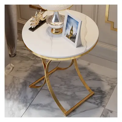 Modern Luxurious Round White Marble Stone Side Table X-Base End Table in Gold