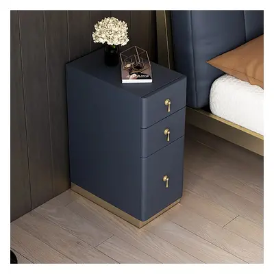 Modern Blue 3-Drawer Nightstand Narrow Bedside Table with Faux Leather Upholstery