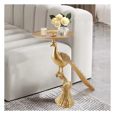 Art Deco Gold Peacock End Table with Tray Top Resin Accent Table