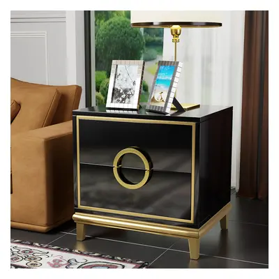 Black Modern Nightstand with 2 Drawers in Gold Finish Square Bedside Table